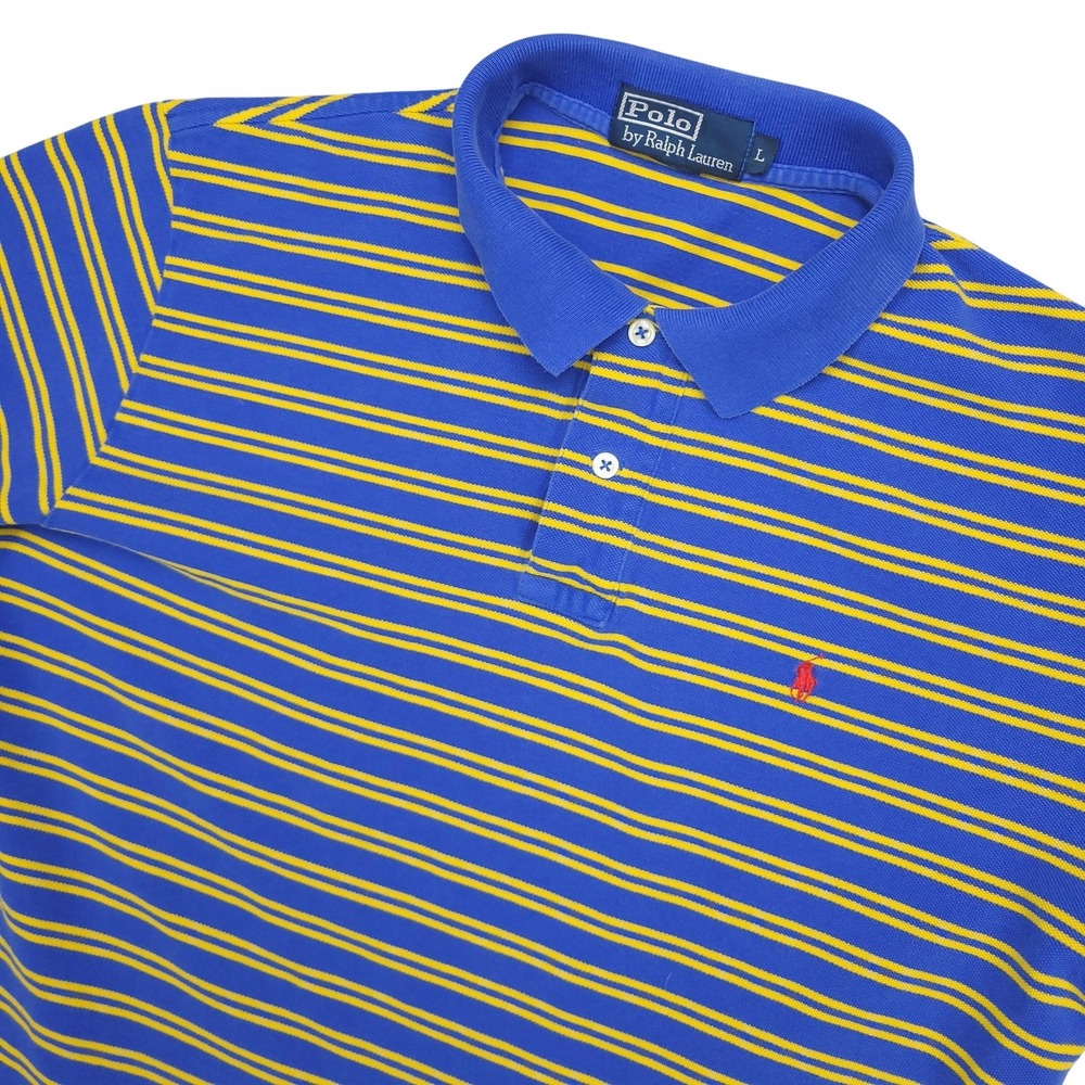 Polo Ralph Lauren Polo Shirt Mens Large Blue Yellow Stripe Pique Cotton Casual‎